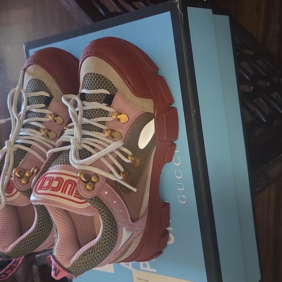 Gucci Pink and Brown Lace-Up Sneakers With Original Box.
